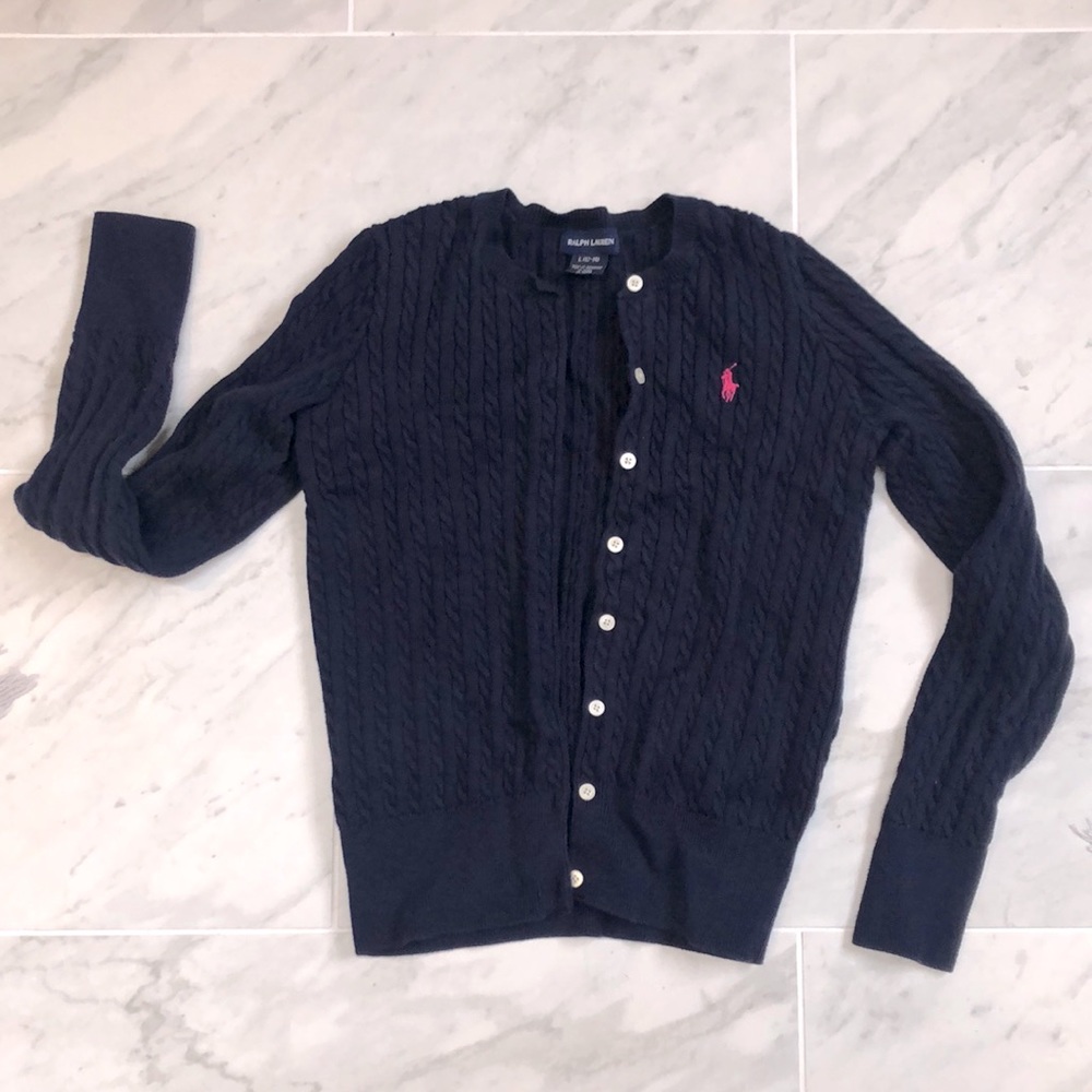 Ralph Lauren girls cable knit long sleeve navy blue sweater Sz 12-14